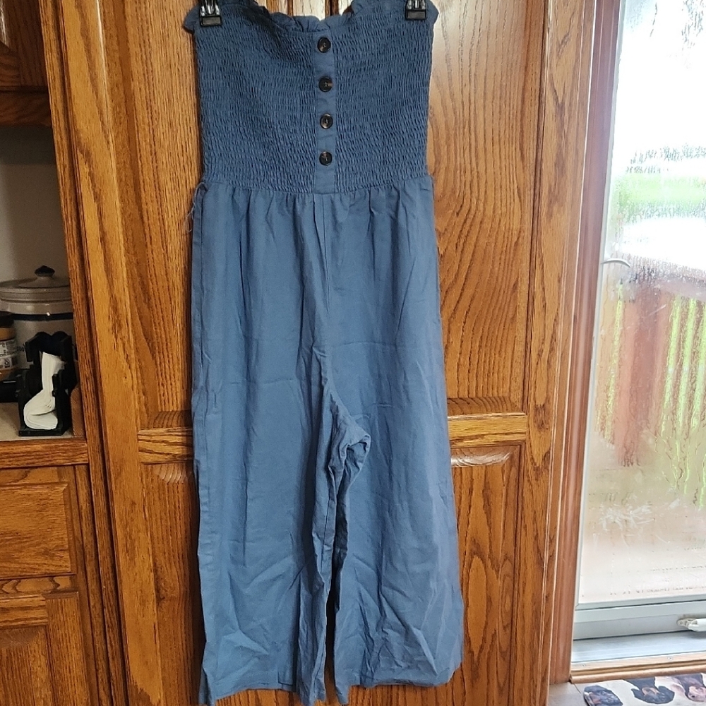 Lulu's Blue Smocked Linen Blend Wide Leg Jumpsuit